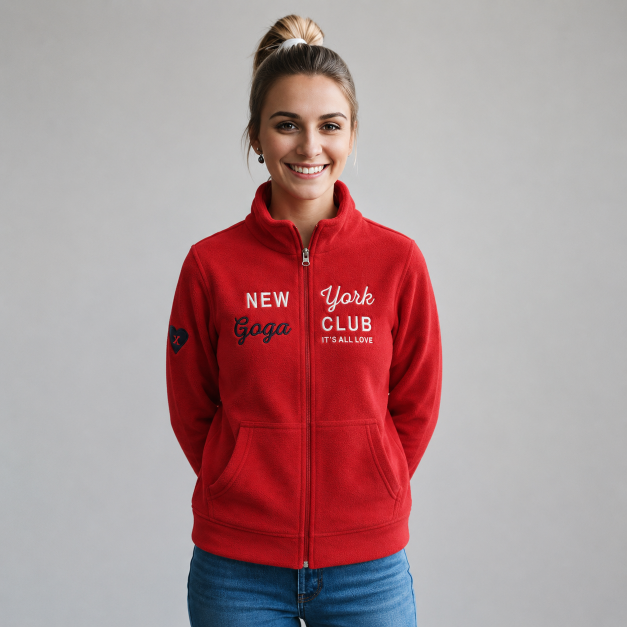 Sudadera polar para Mujer bordada, con manga larga, bolsas frontales, Cuello alto y cierre.
