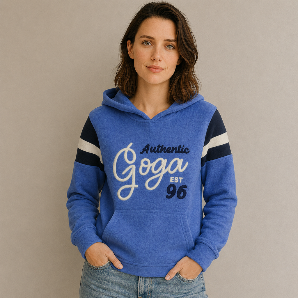 Sudadera polar Dama bordada con manga larga, capucha ajustable y bolsa frontal.
