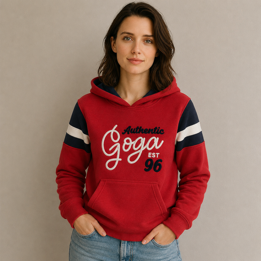 Sudadera polar Dama bordada con manga larga, capucha ajustable y bolsa frontal.