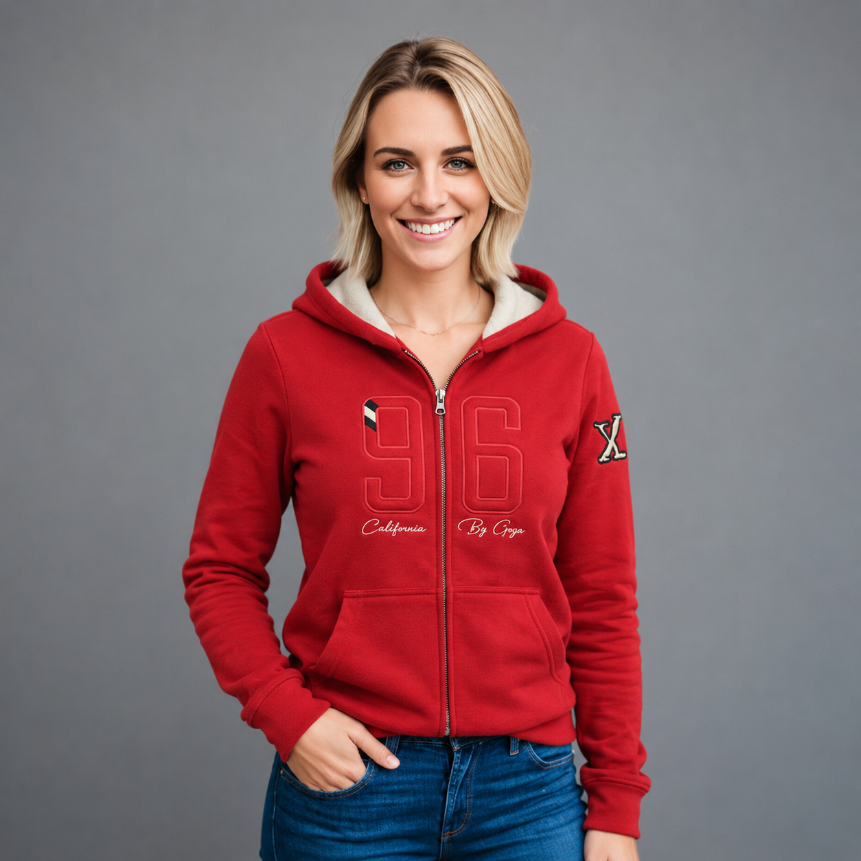 Sudadera polar para Mujer bordada, con manga larga y Cuello Alto. bolsas frontales y cierre.
