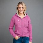 Sudadera polar para Mujer bordada, con manga larga y Cuello Alto. bolsas frontales y cierre.