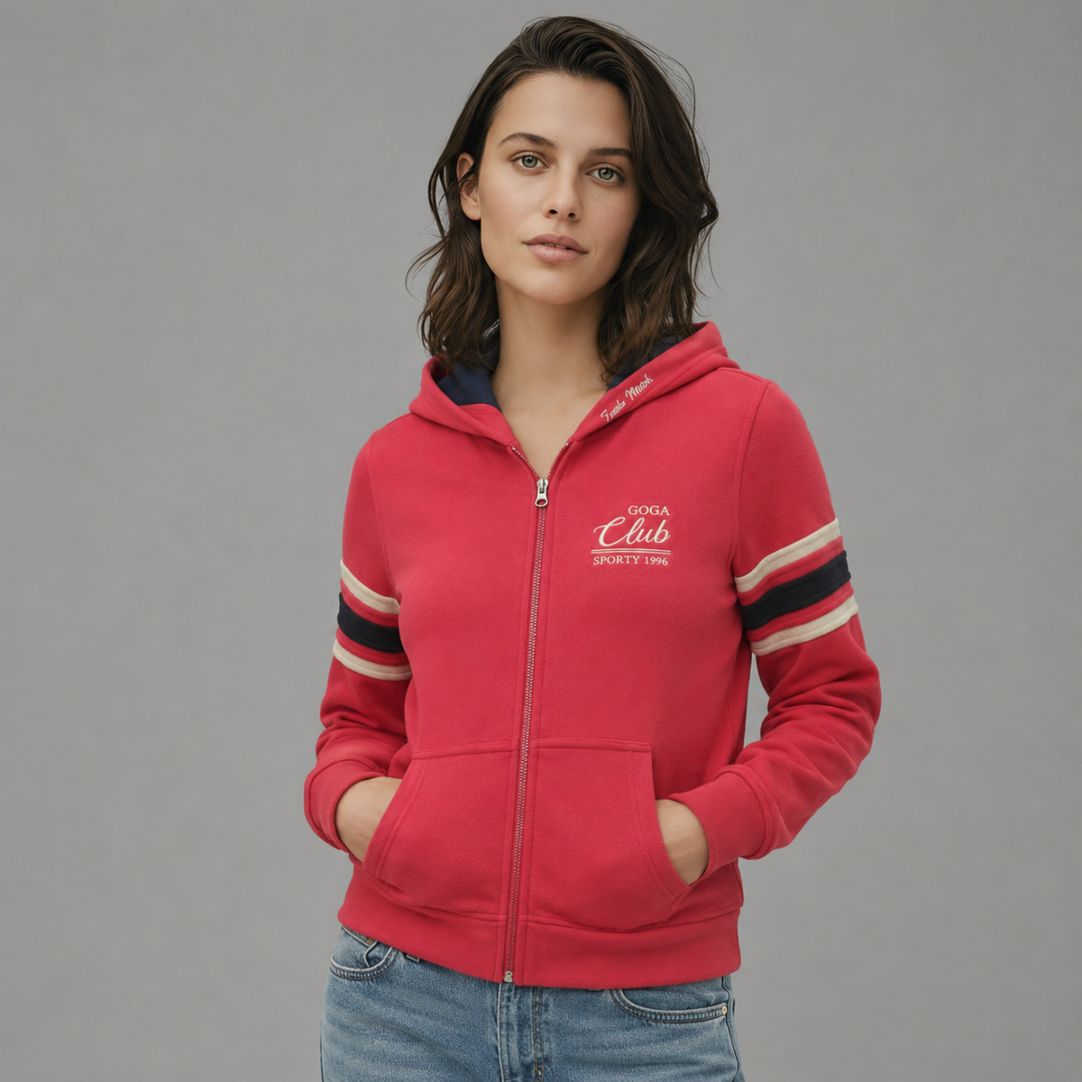 Sudadera polar para Mujer bordada, con manga larga, bolsas frontales y cierre.