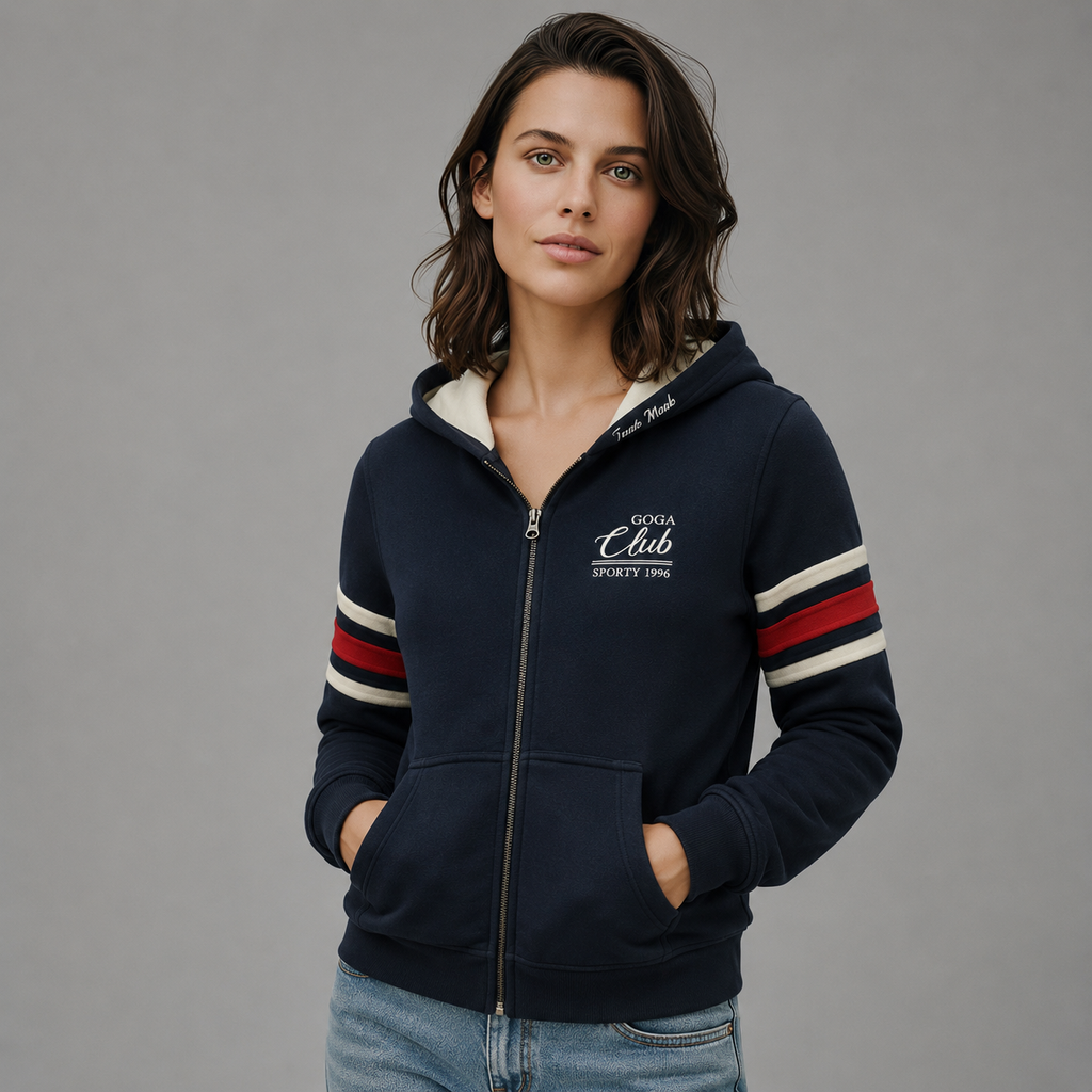 Sudadera polar para Mujer bordada, con manga larga, bolsas frontales y cierre.