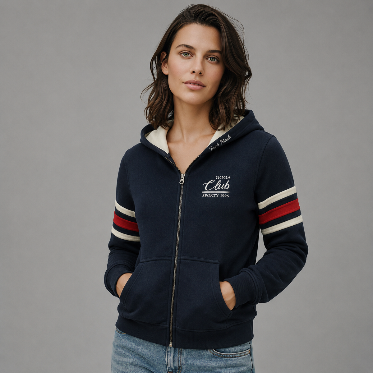 Sudadera polar para Mujer bordada, con manga larga, bolsas frontales y cierre.
