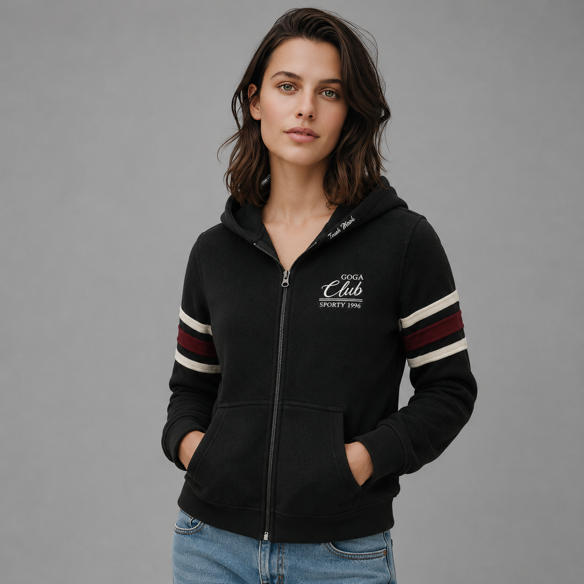 Sudadera polar para Mujer bordada, con manga larga, bolsas frontales y cierre.