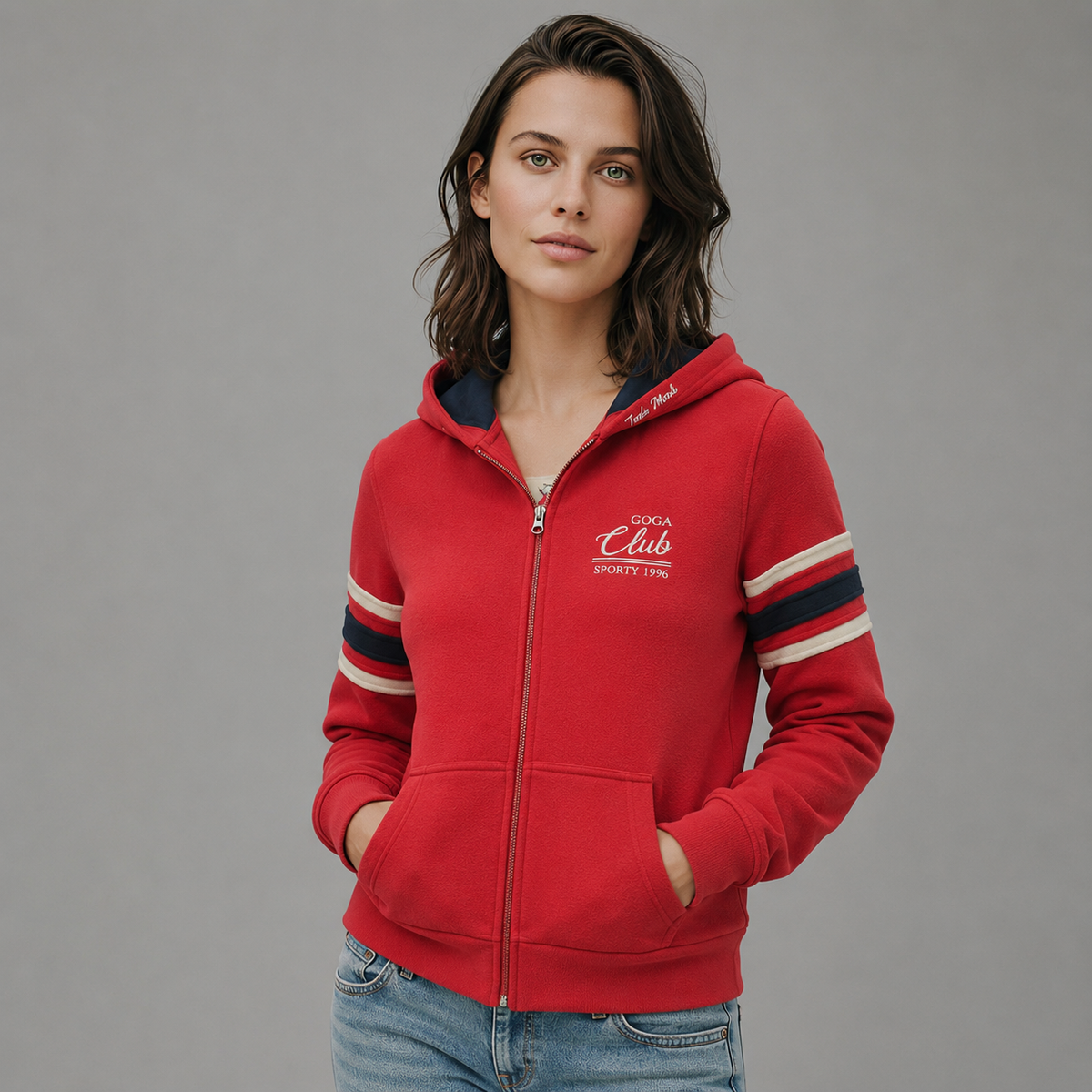 Sudadera polar para Mujer bordada, con manga larga, bolsas frontales y cierre.