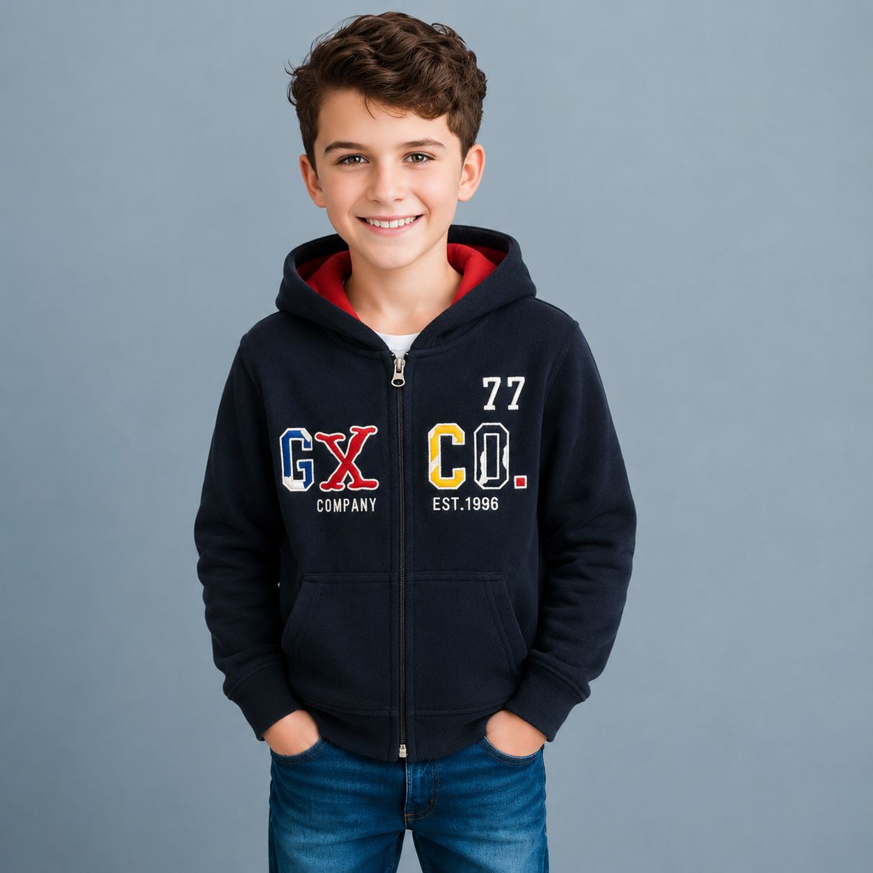 Sudadera Polar Bordada GXCO 77 con Capucha y Cierre