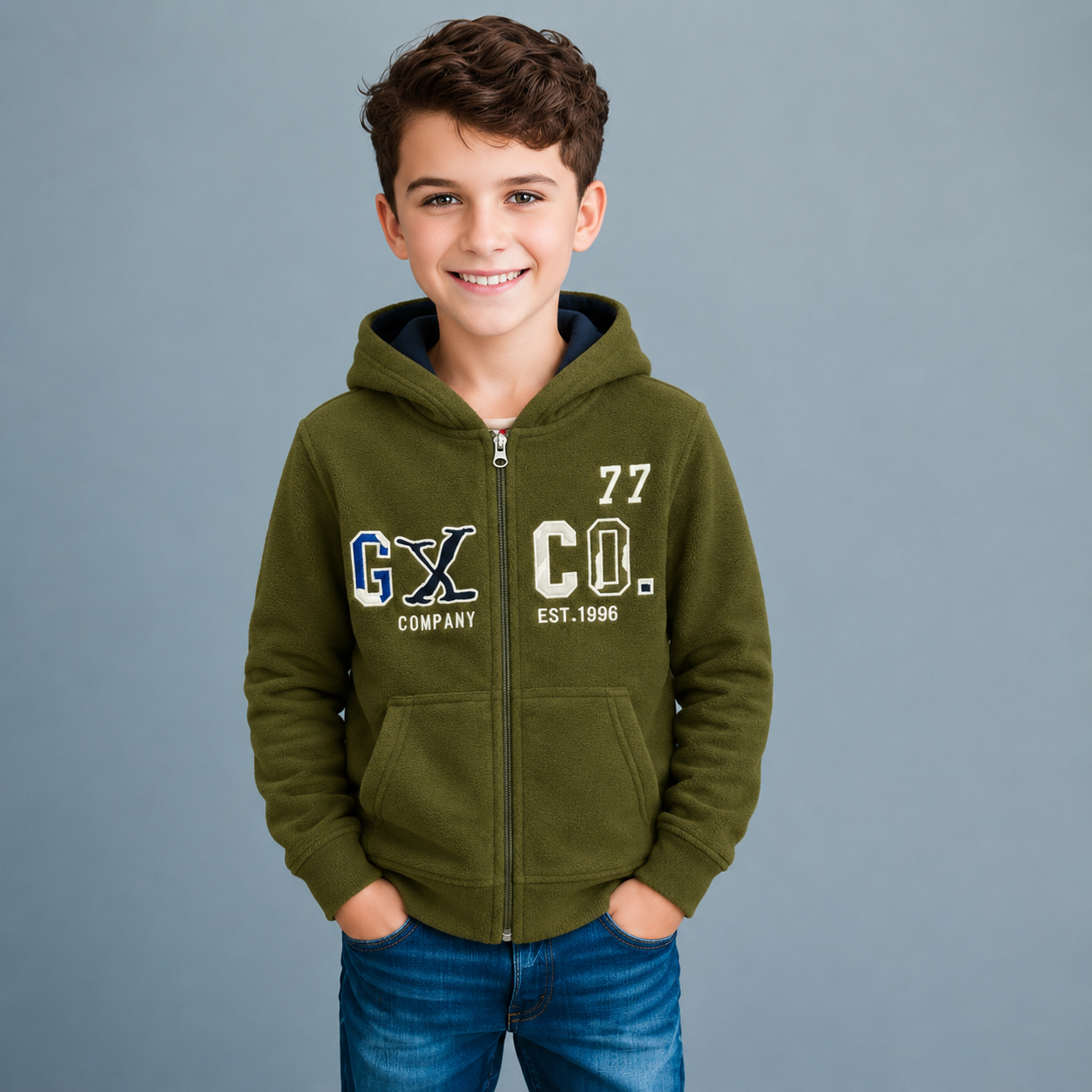 Sudadera Polar Bordada GXCO 77 con Capucha y Cierre