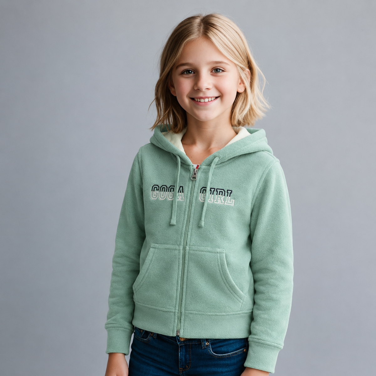 Sudadera polar bordada con capucha ajustable para niña , bolsas frontales y cierre