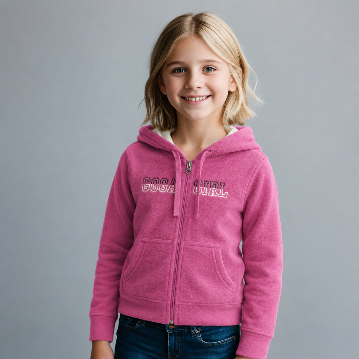 Sudadera polar bordada con capucha ajustable para niña , bolsas frontales y cierre