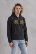 Sudadera sherpa para hombre, bordada, con capucha ajustable, bolsas frontales y cierre.