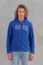 Sudadera sherpa para hombre, bordada, con capucha ajustable, bolsas frontales y cierre.