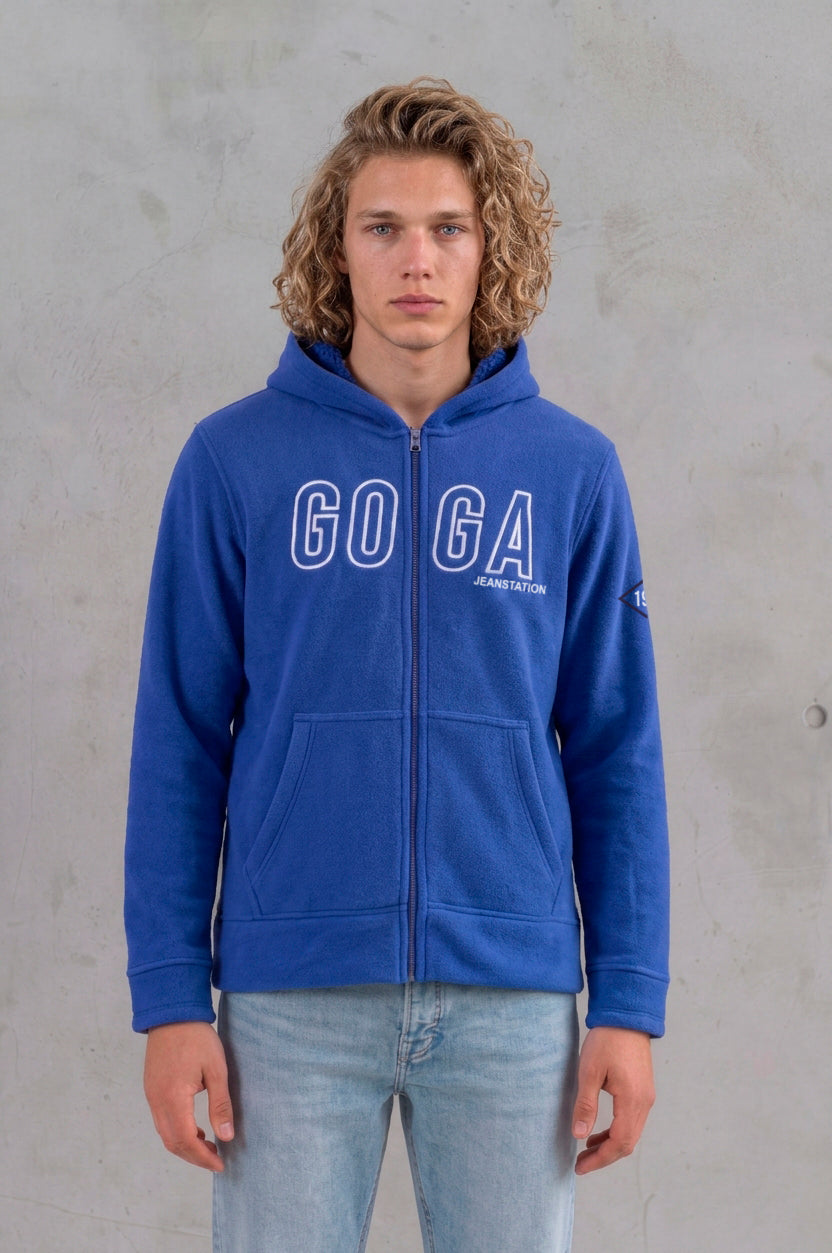Sudadera sherpa para hombre, bordada, con capucha ajustable, bolsas frontales y cierre.