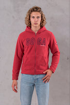 Sudadera sherpa para hombre, bordada, con capucha ajustable, bolsas frontales y cierre.