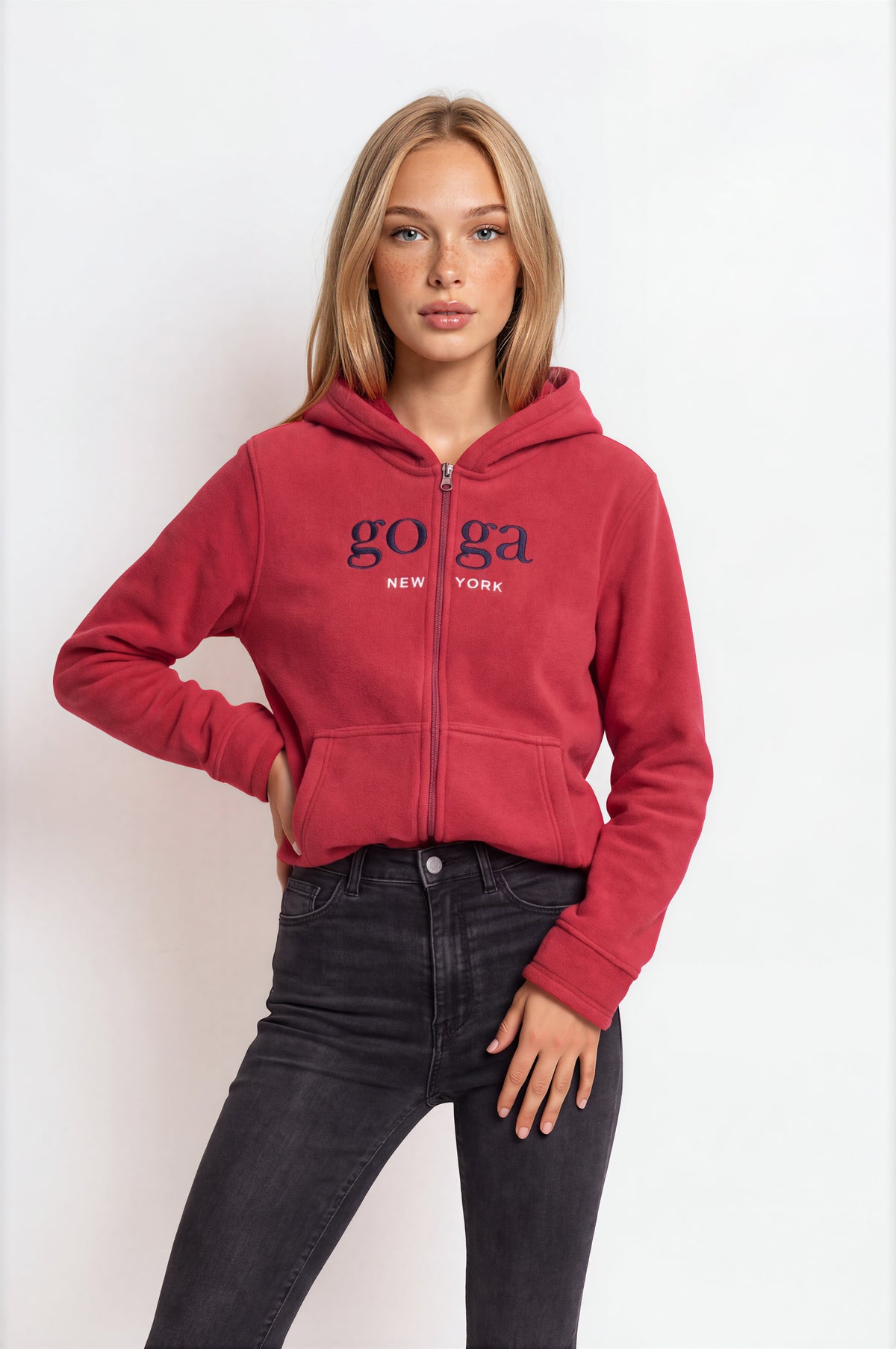 Sudadera polar para Mujer bordada, con manga larga, bolsas frontales y cierre.