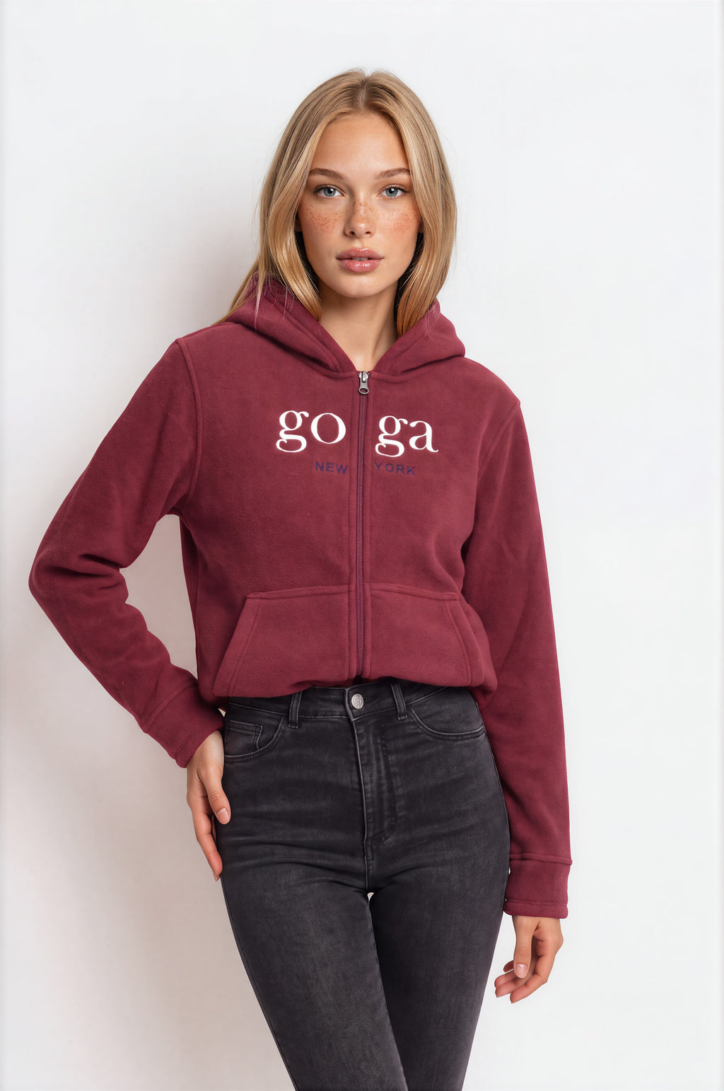 Sudadera polar para Mujer bordada, con manga larga, bolsas frontales y cierre.