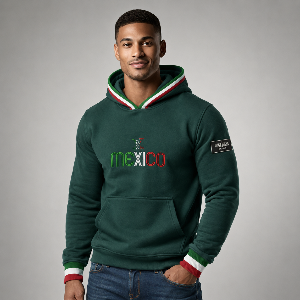 Sudadera felpa para hombre, Bordada con manga larga. capucha ajustable y bolsas frontales.