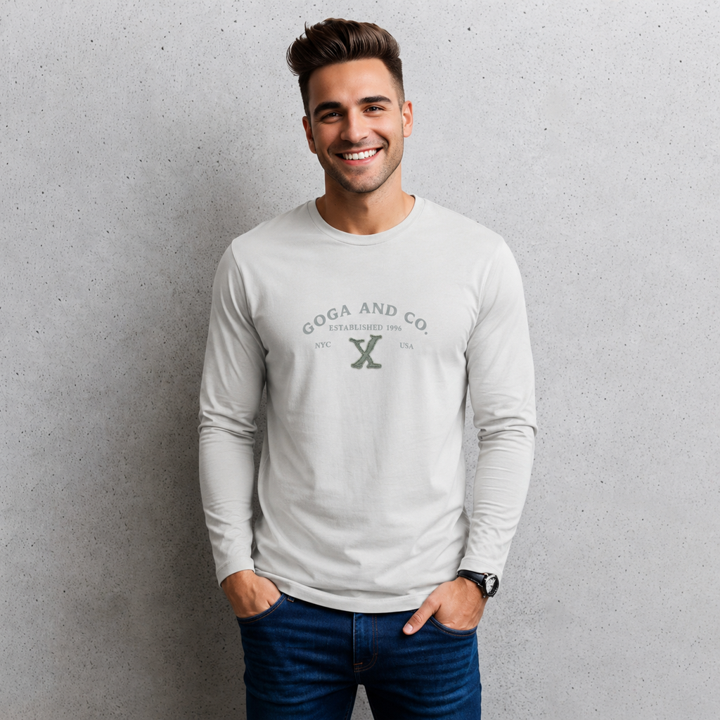 Playera Básica para hombre Cuello Redondo, Manga Larga con Estampado y bordado.