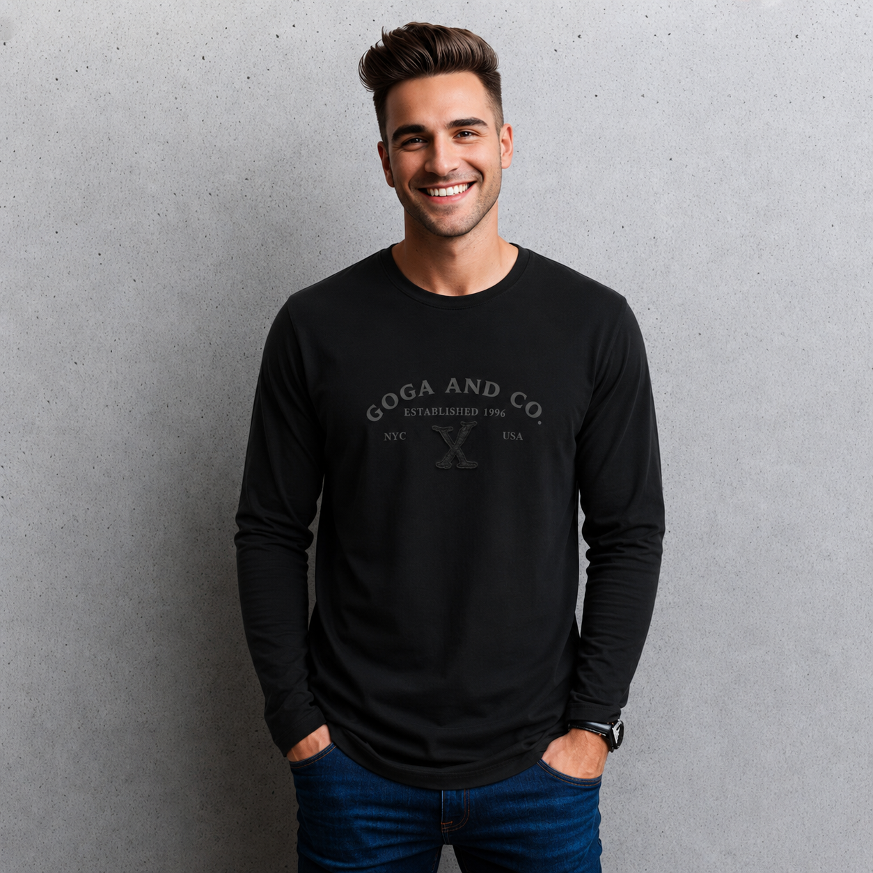 Playera Básica para hombre Cuello Redondo, Manga Larga con Estampado y bordado.