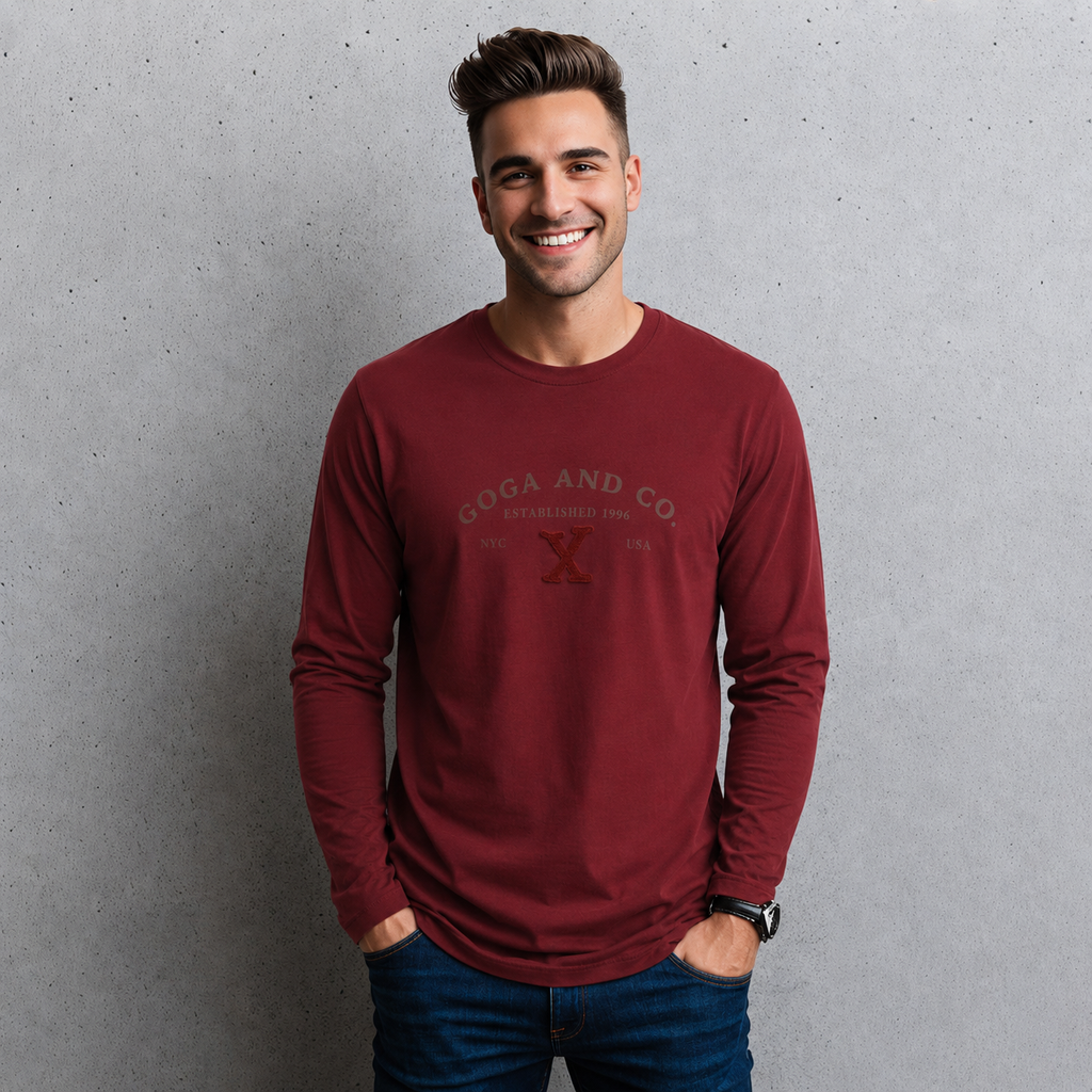 Playera Básica para hombre Cuello Redondo, Manga Larga con Estampado y bordado.