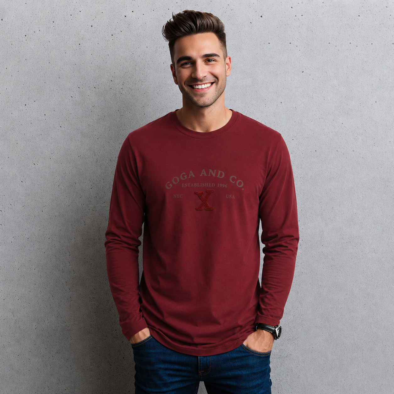 Playera Básica para hombre Cuello Redondo, Manga Larga con Estampado y bordado.
