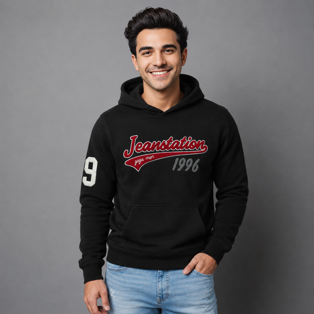 Sudadera polar para hombre, bordada con manga larga, capucha ajustable, bolsas frontales.