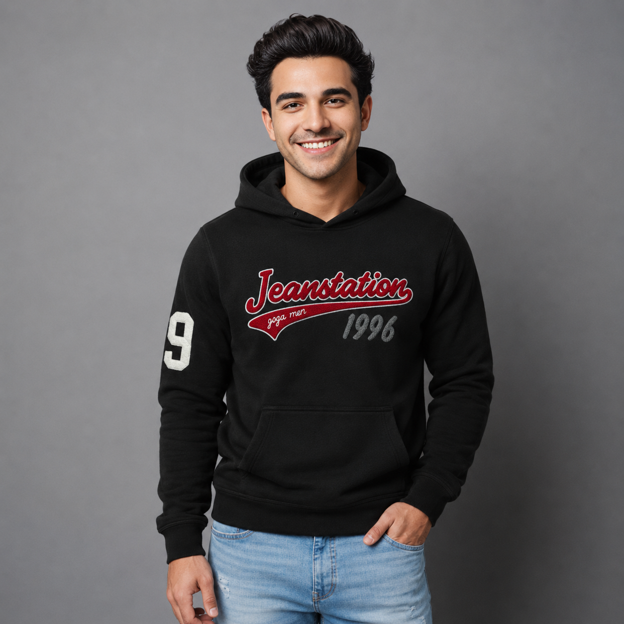 Sudadera polar para hombre, bordada con manga larga, capucha ajustable, bolsas frontales.