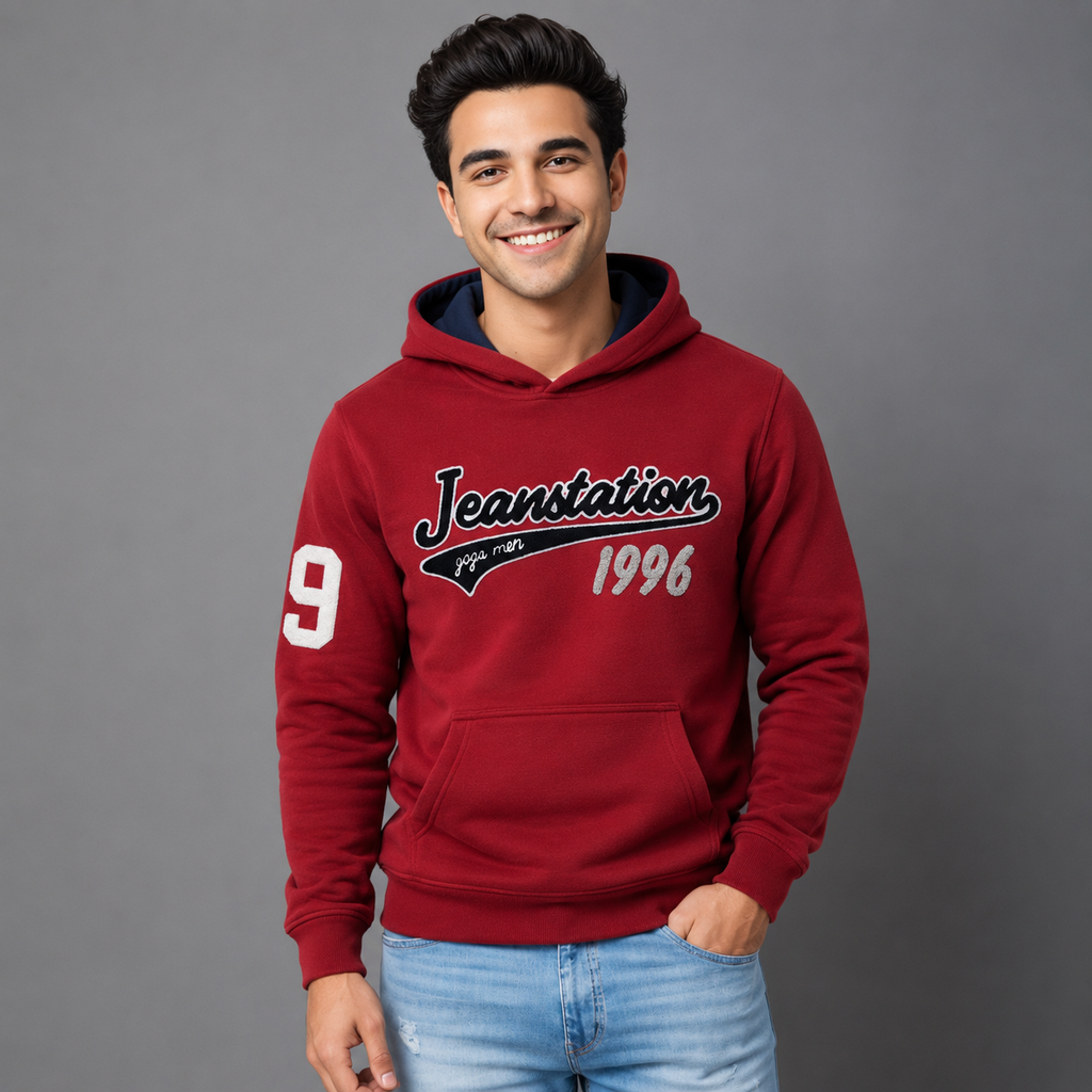 Sudadera polar para hombre, bordada con manga larga, capucha ajustable, bolsas frontales.