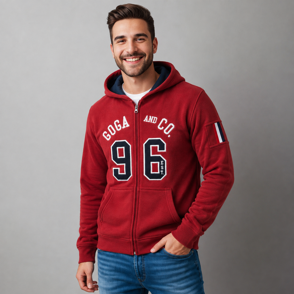 Sudadera polar para hombre, bordada con manga larga, bolsas frontales y cierre.