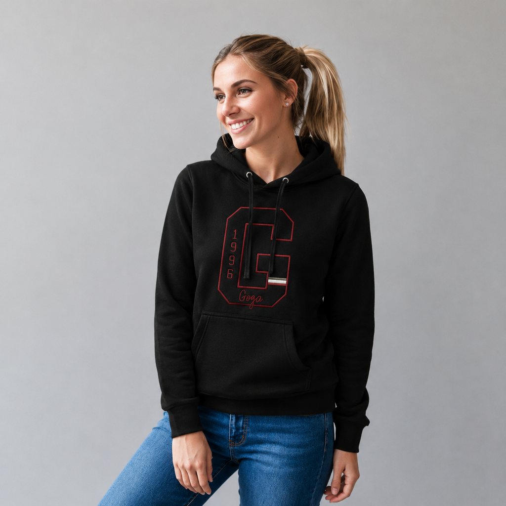 Sudadera polar Dama bordada con manga larga, capucha ajustable y bolsa frontal.