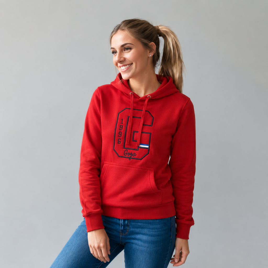 Sudadera polar Dama bordada con manga larga, capucha ajustable y bolsa frontal.