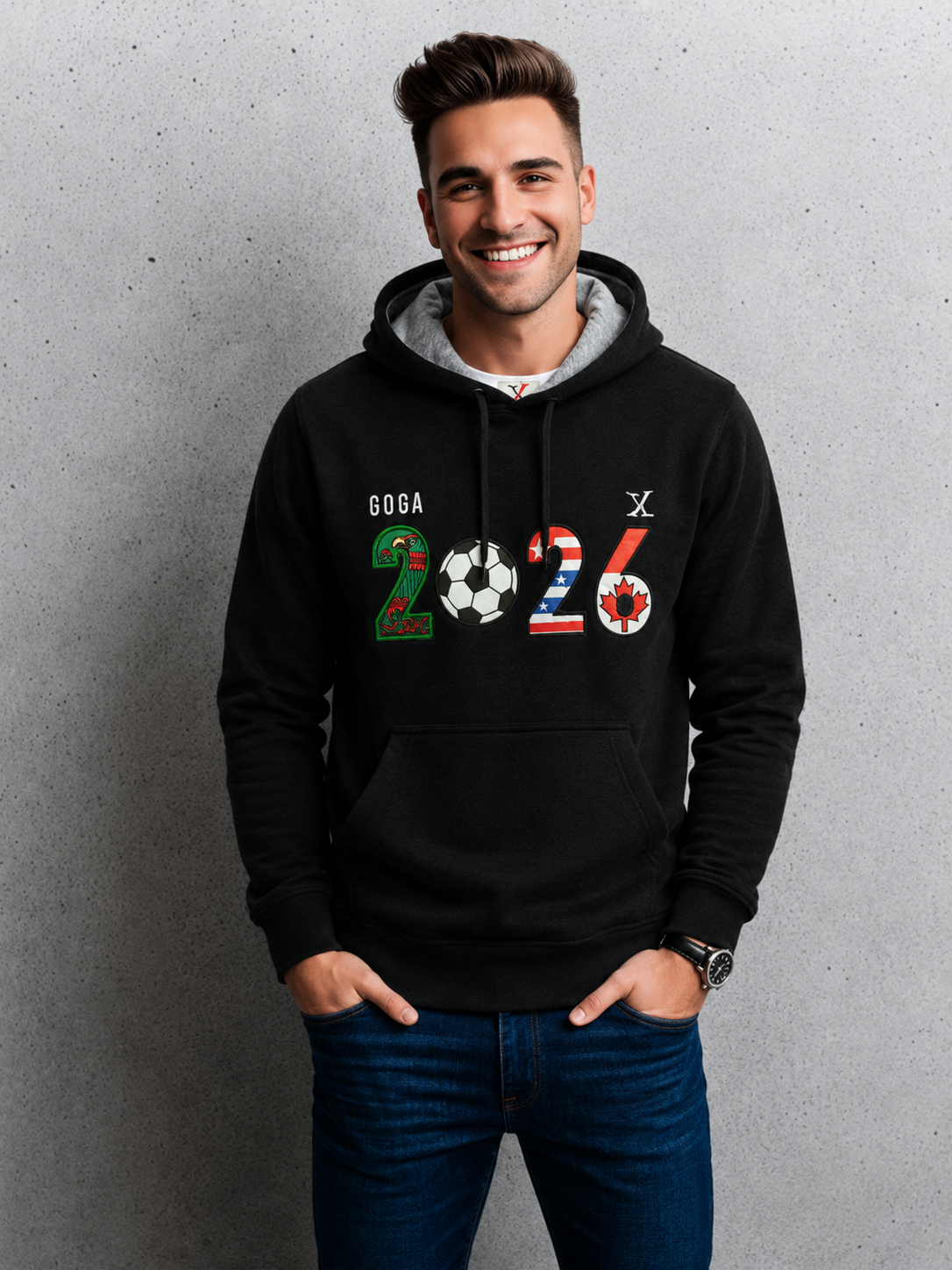 Sudadera polar para hombre, bordada con manga larga, capucha ajustable, bolsas frontales.