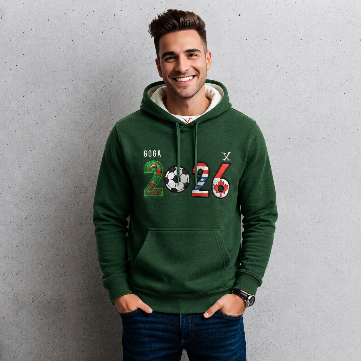 Sudadera polar para hombre, bordada con manga larga, capucha ajustable, bolsas frontales.