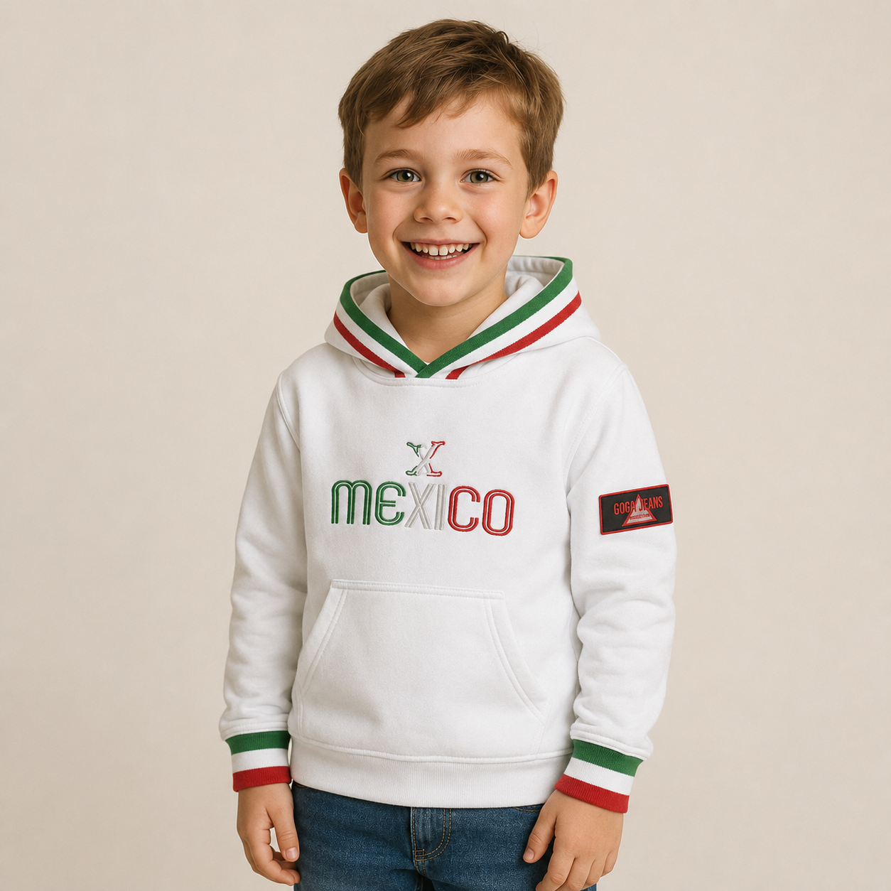 Sudadera felpa Niño bordada con manga larga, capucha ajustable, bolsas frontales.