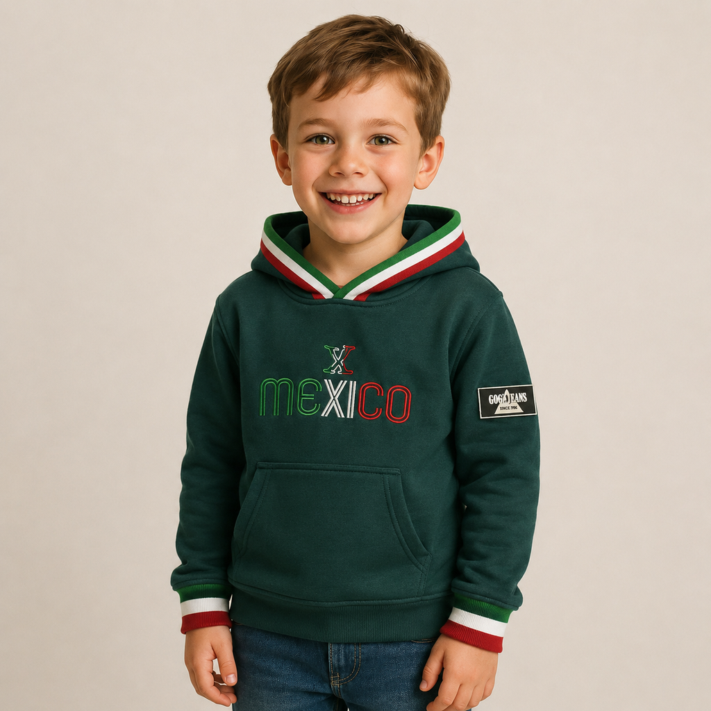 Sudadera felpa Niño bordada con manga larga, capucha ajustable, bolsas frontales.