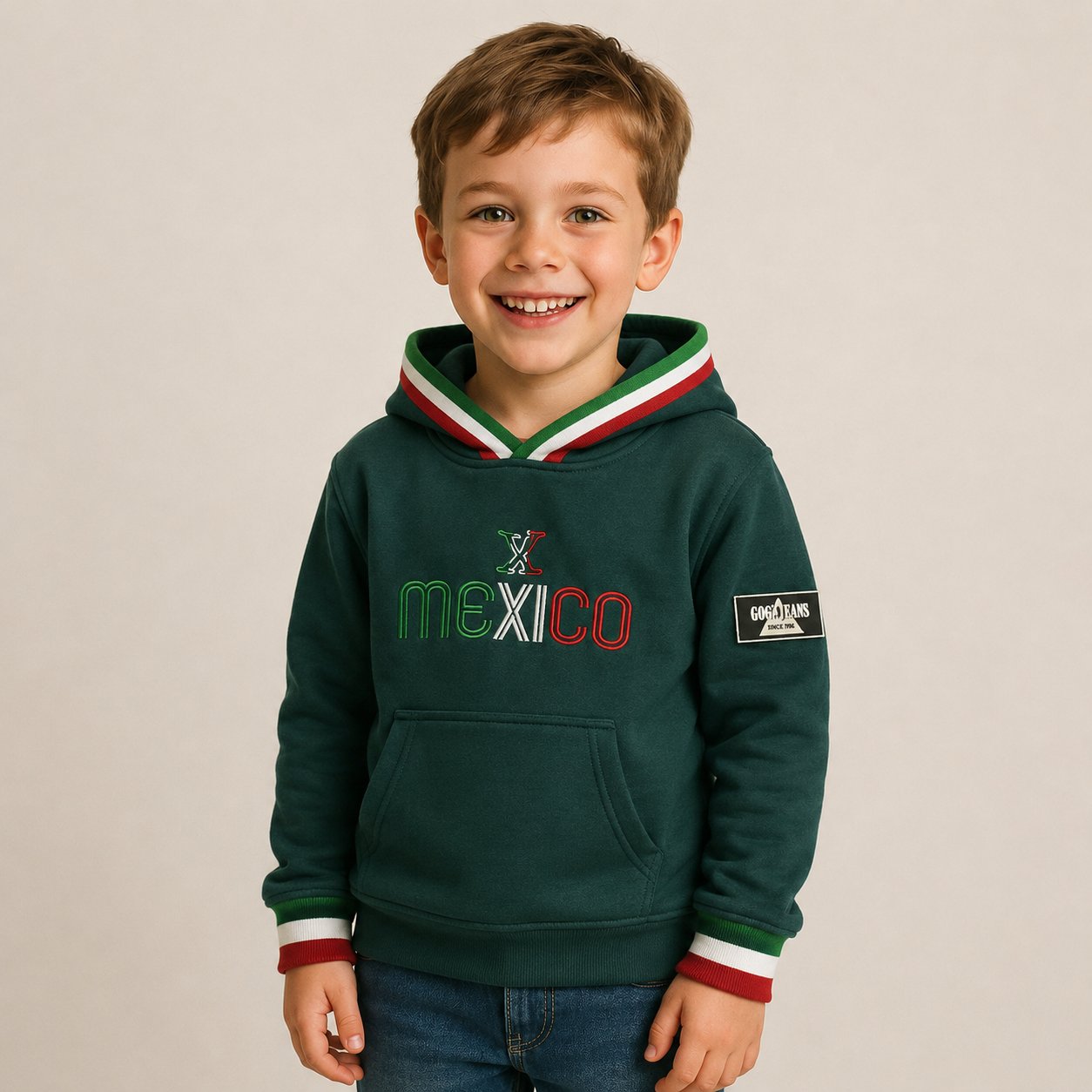 Sudadera felpa Niño bordada con manga larga, capucha ajustable, bolsas frontales.