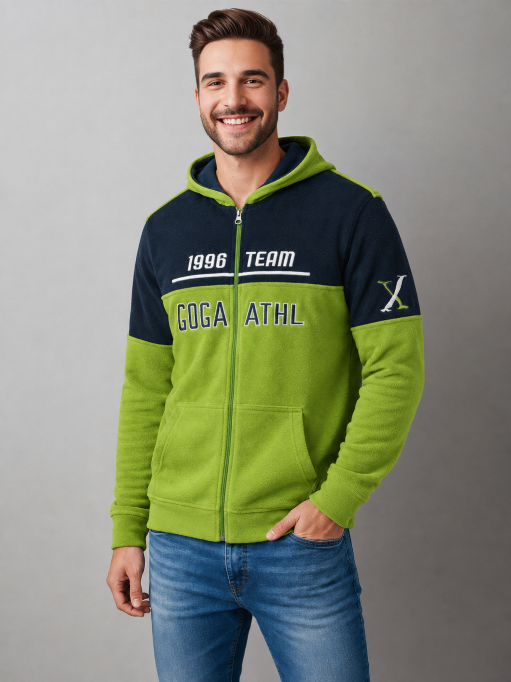 Sudadera polar para hombre, bordada con manga larga, bolsas frontales y cierre.