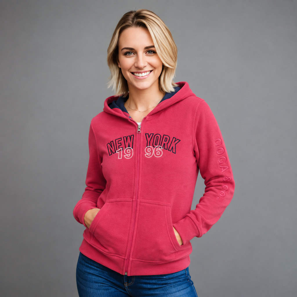 Sudadera polar para Mujer bordada, con manga larga, bolsas frontales, Cuello alto y cierre.