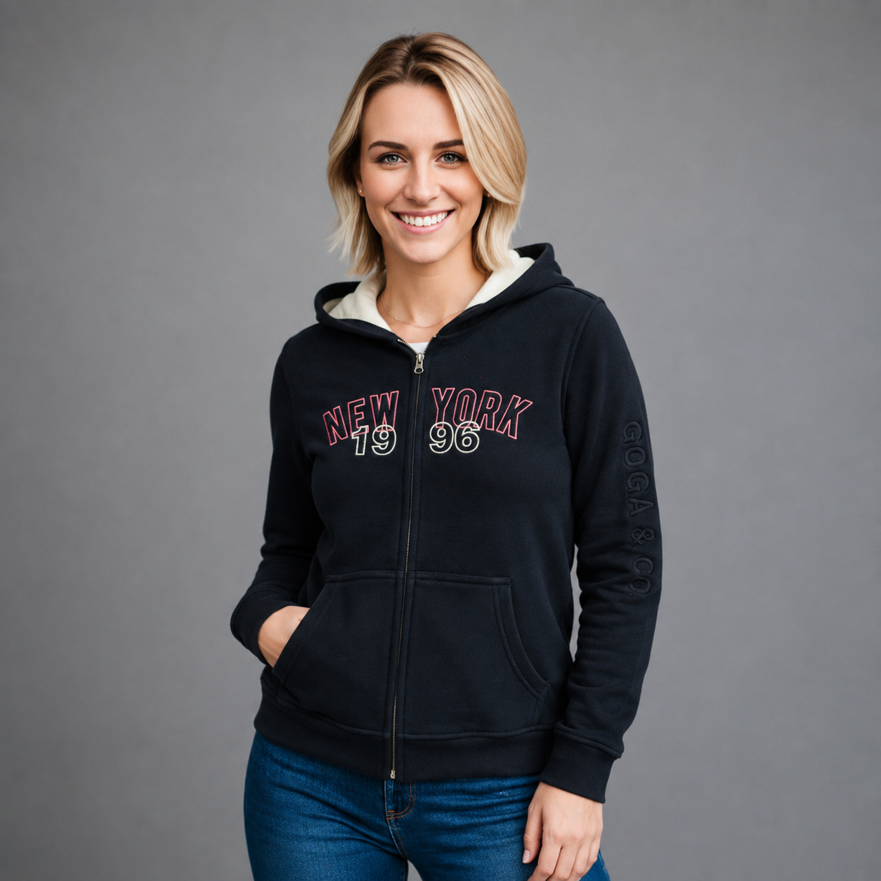 Sudadera polar para Mujer bordada, con manga larga, bolsas frontales, Cuello alto y cierre.