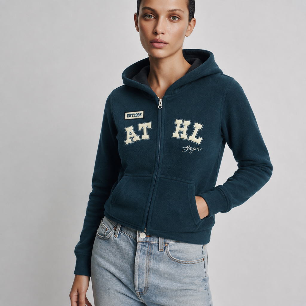 Sudadera polar para Mujer bordada, con manga larga, bolsas frontales y cierre.