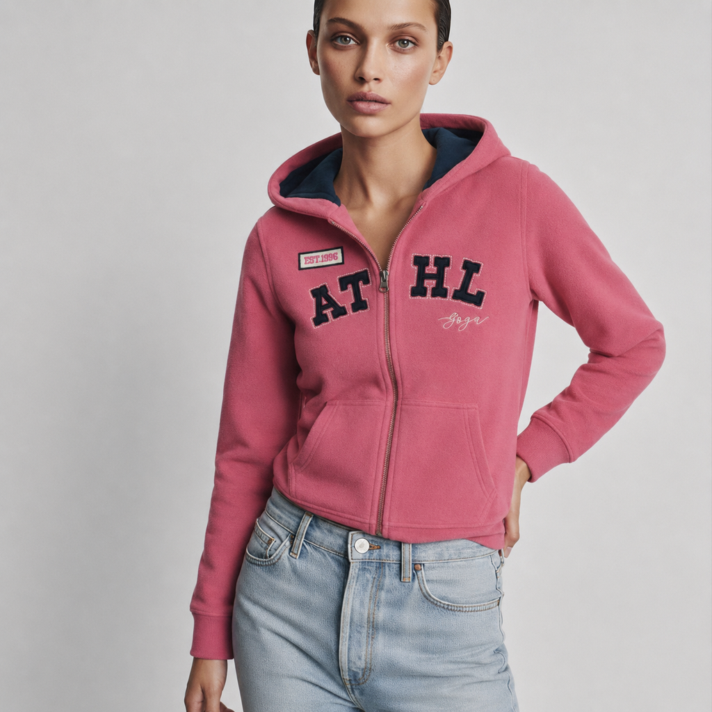 Sudadera polar para Mujer bordada, con manga larga, bolsas frontales y cierre.