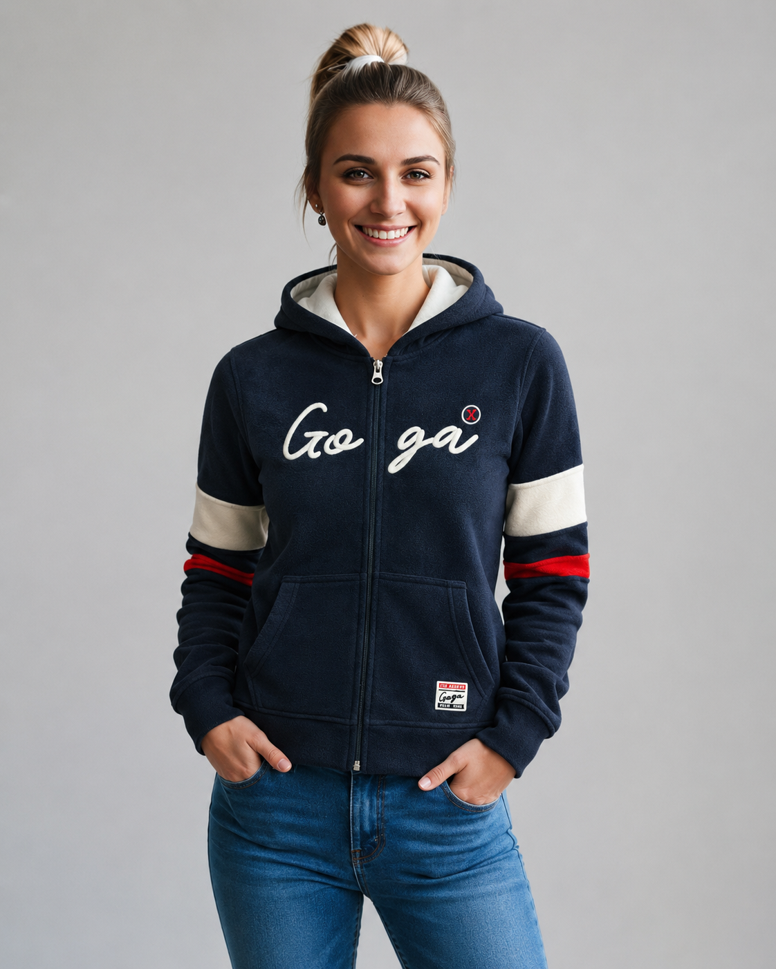 Sudadera polar para Mujer bordada, con manga larga, bolsas frontales y cierre.
