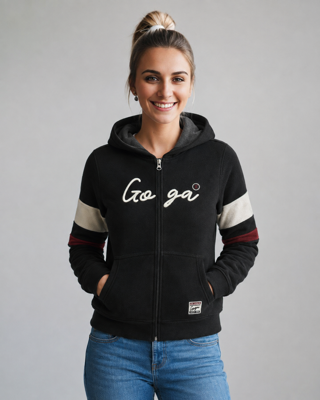 Sudadera polar para Mujer bordada, con manga larga, bolsas frontales y cierre.