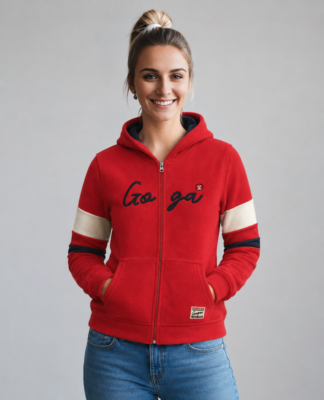 Sudadera polar para Mujer bordada, con manga larga, bolsas frontales y cierre.