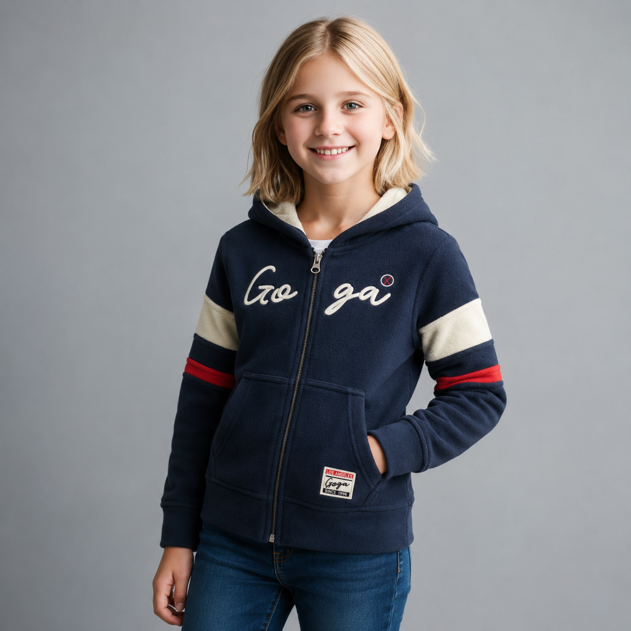 Sudadera polar bordada con capucha ajustable para niña , bolsas frontales y cierre