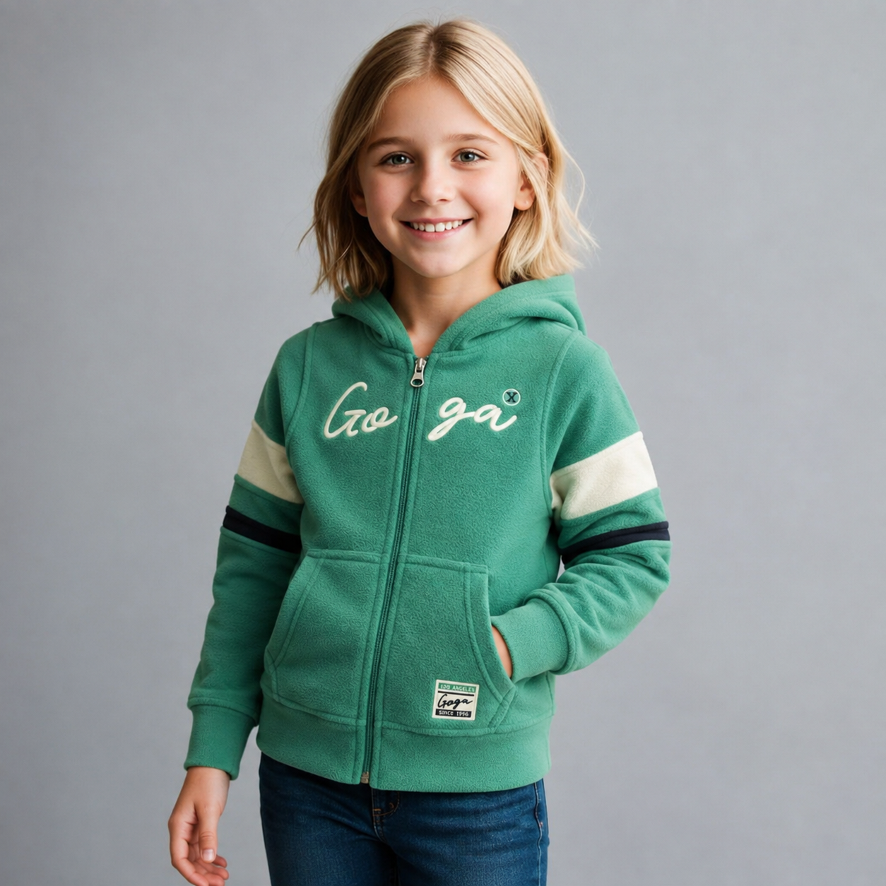 Sudadera polar bordada con capucha ajustable para niña , bolsas frontales y cierre