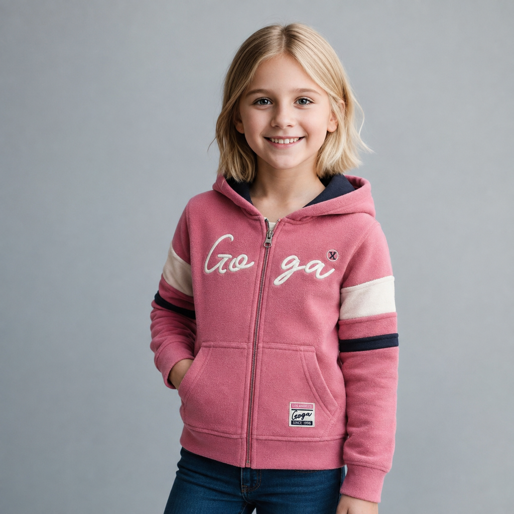 Sudadera polar bordada con capucha ajustable para niña , bolsas frontales y cierre