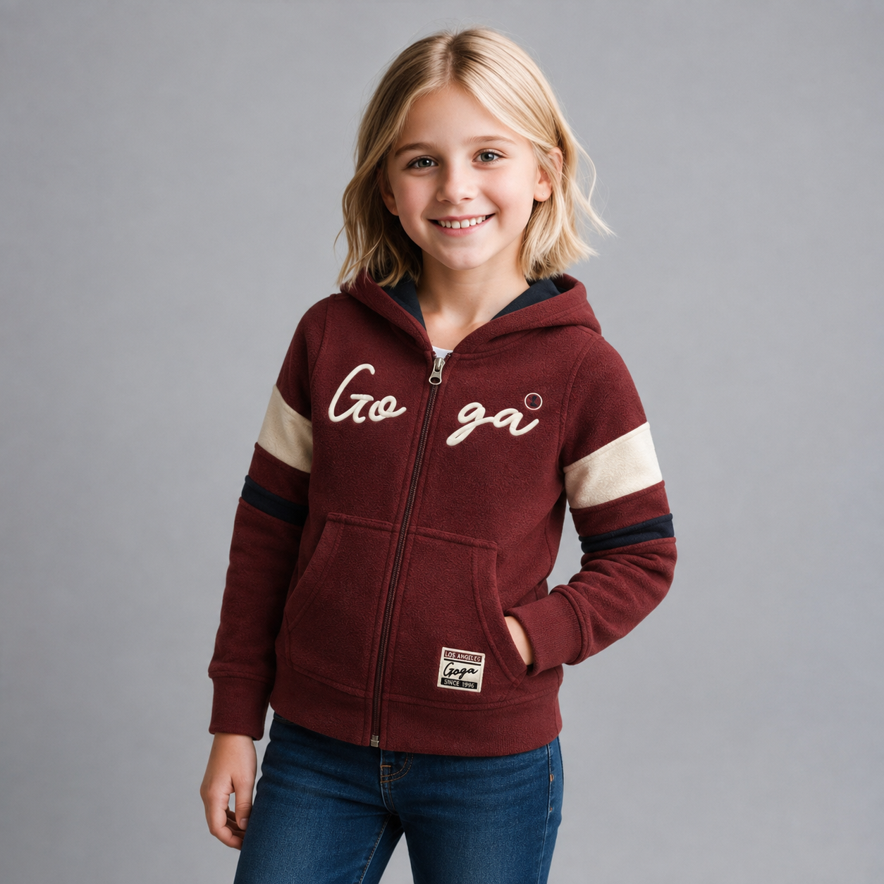 Sudadera polar bordada con capucha ajustable para niña , bolsas frontales y cierre
