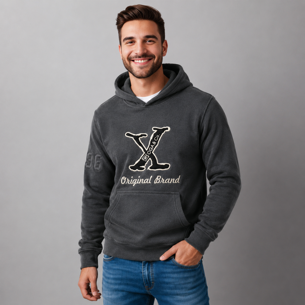 Sudadera polar para hombre, bordada con manga larga, capucha ajustable, bolsas frontales.