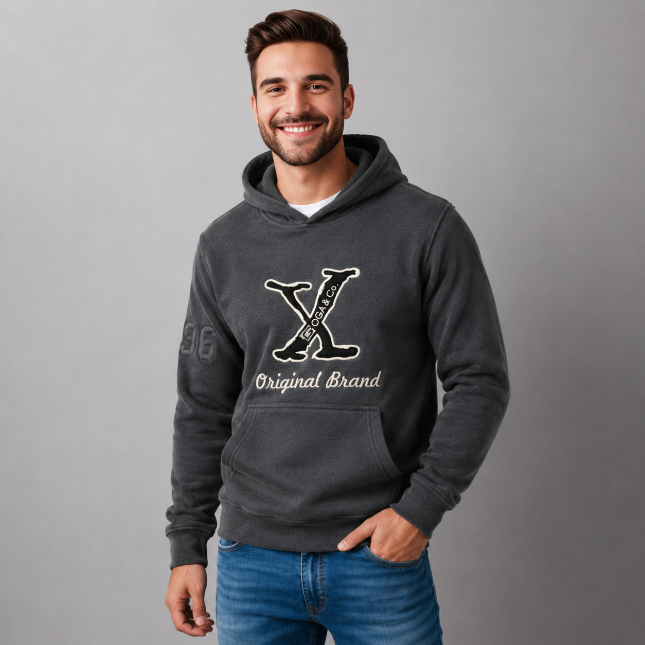 Sudadera polar para hombre, bordada con manga larga, capucha ajustable, bolsas frontales.